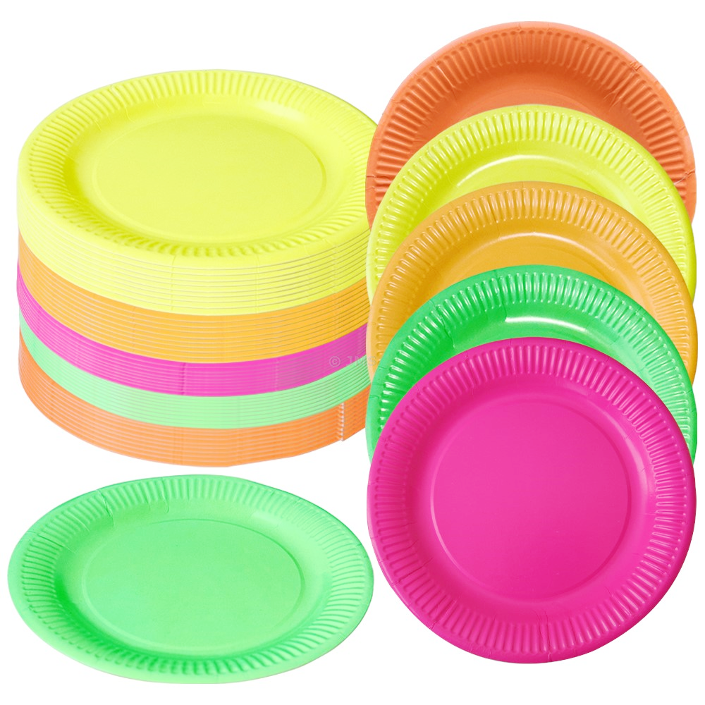 Disposable NEON Paper Plates (9inch / 23cm)  – Bright Party Plates for Birthdays, Picnics & Events (Assorted Colours)