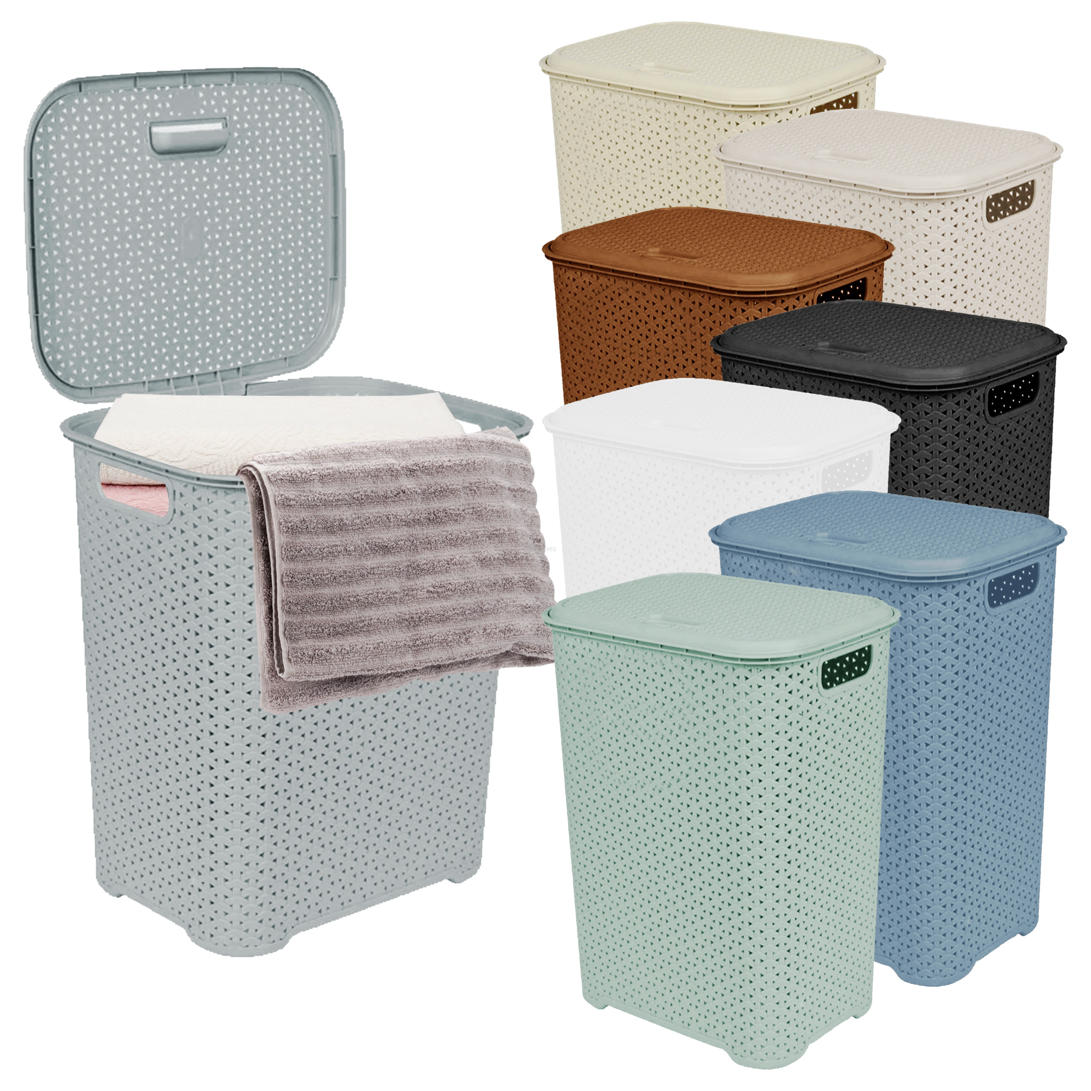 65L Ventilated Plastic Laundry Basket with Hinged Lid & Handles – Multipurpose Storage Bin
