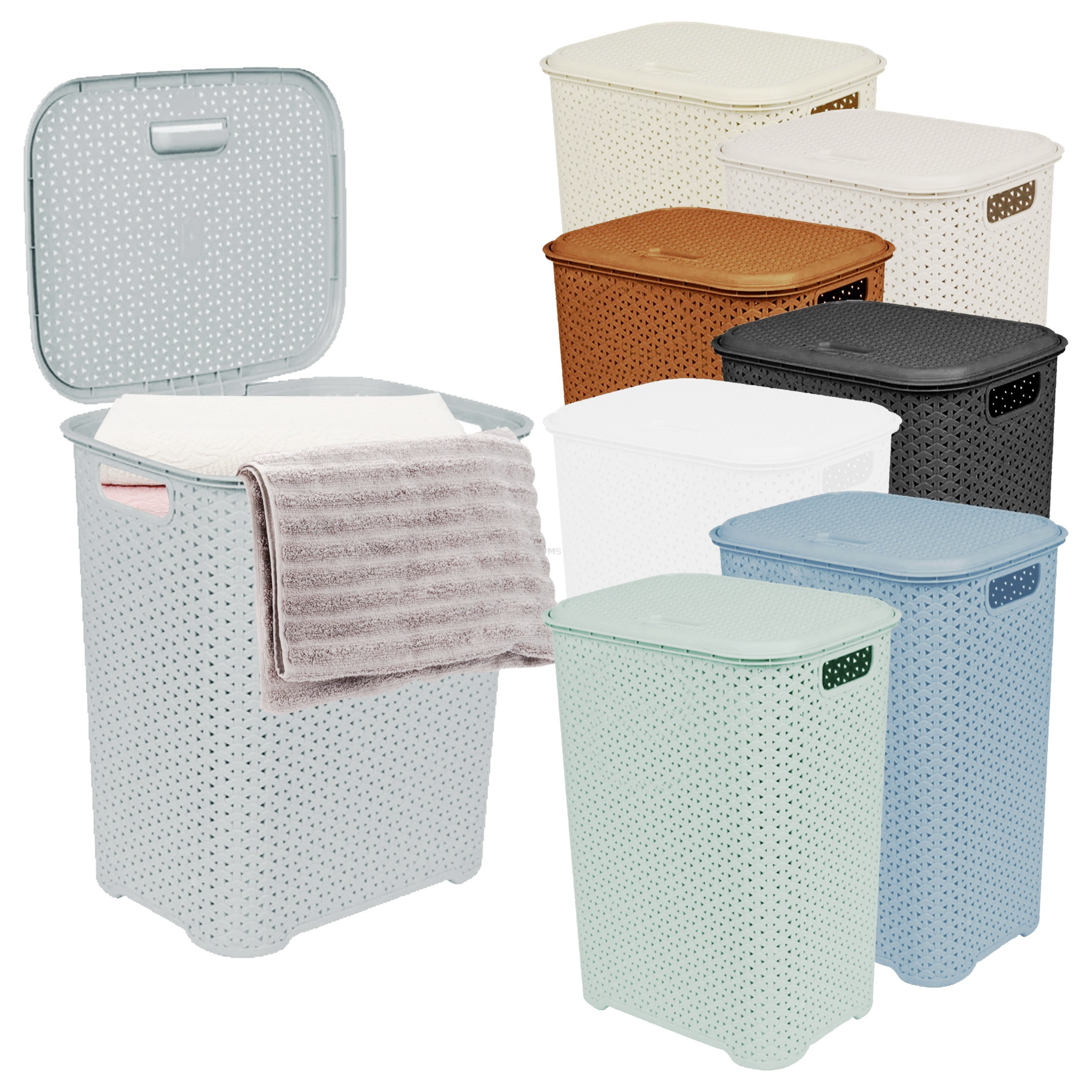 65L Ventilated Plastic Laundry Basket with Hinged Lid & Handles – Multipurpose Storage Bin