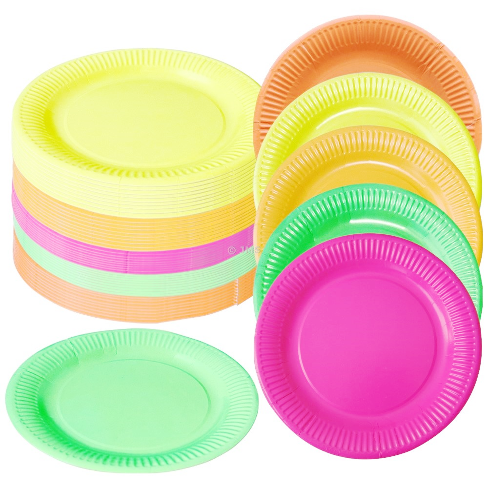 Disposable NEON Paper Plates (9inch / 23cm)  – Bright Party Plates for Birthdays, Picnics & Events (Assorted Colours)