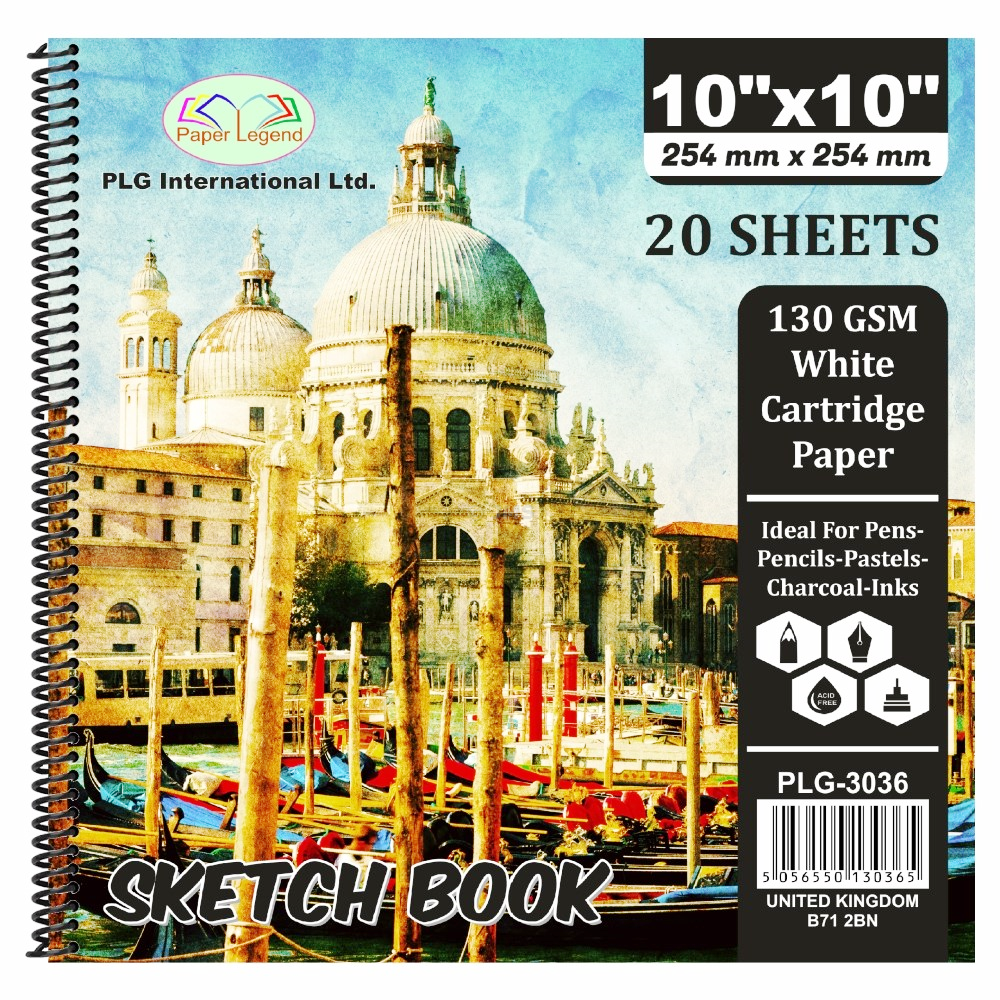 10 x10  Square Sketch Pad 20 Sheets 130 gsm Spiral Double Sided White Smooth Cartridge Art Paper Drawing Doodling Painting Sketching