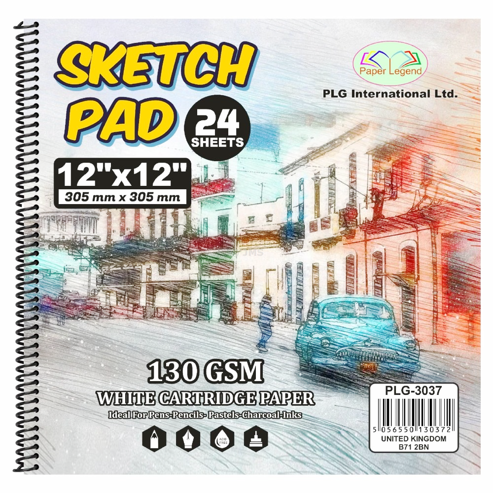 12 x12  Square Sketch Pad 24 Sheets 130 gsm Spiral Double Sided White Smooth Cartridge Art Paper Drawing Doodling Painting Sketching