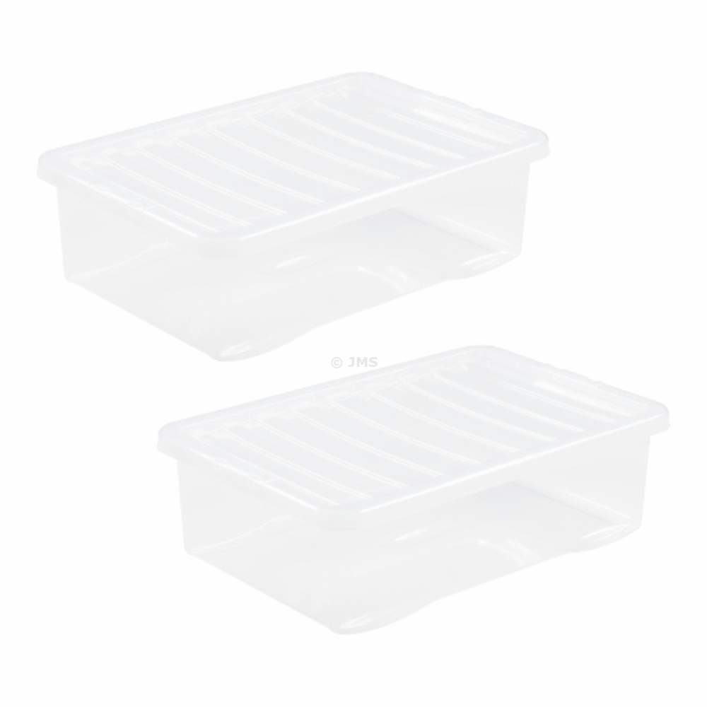 [Set of 2] Storage Box with Lid 32 Litres Clear Plastic Stackable Nestable Underbed Container Home Office