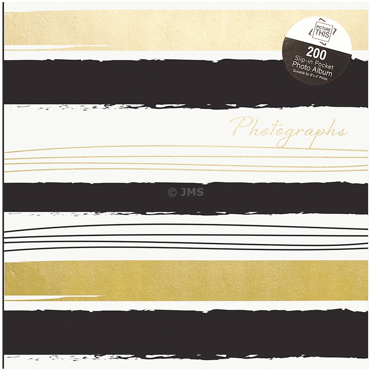 Black Gold & White Stripes Slip-in Photo Album 200 Pockets 6 x4  Photographs Travel Festive Memories