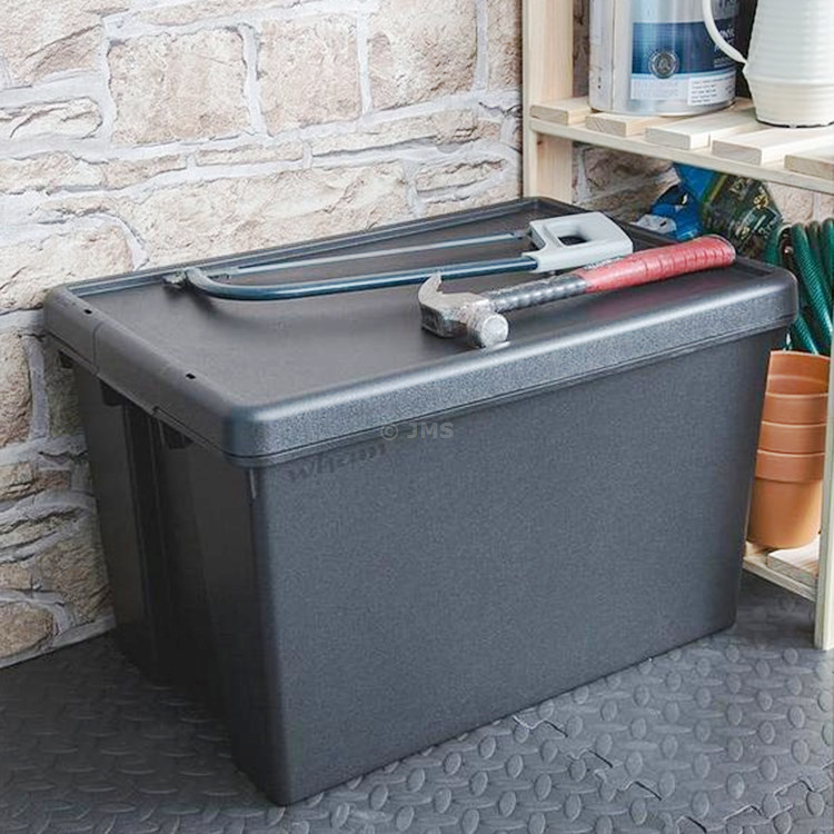 45L Black Storage Box With Lid Heavy Duty Recycled Plastic Stackable Nestable Home Office Garage Toolbox