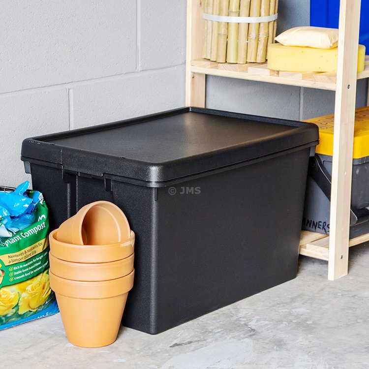 62L Black Storage Box With Lid Heavy Duty Recycled Plastic Stackable Nestable Home Office Garage Toolbox
