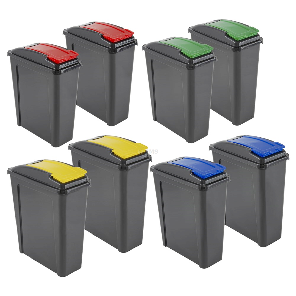 [Set of 8] Plastic Recycle It 25L Slimline Bin & Lid Waste Recycling Dustbin Multi-purpose Storage Container Home Kitchen Garden