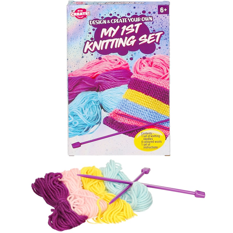 My 1st Knitting Set – Kids Beginner Craft Kit (4 Coloured Wools + Needles)