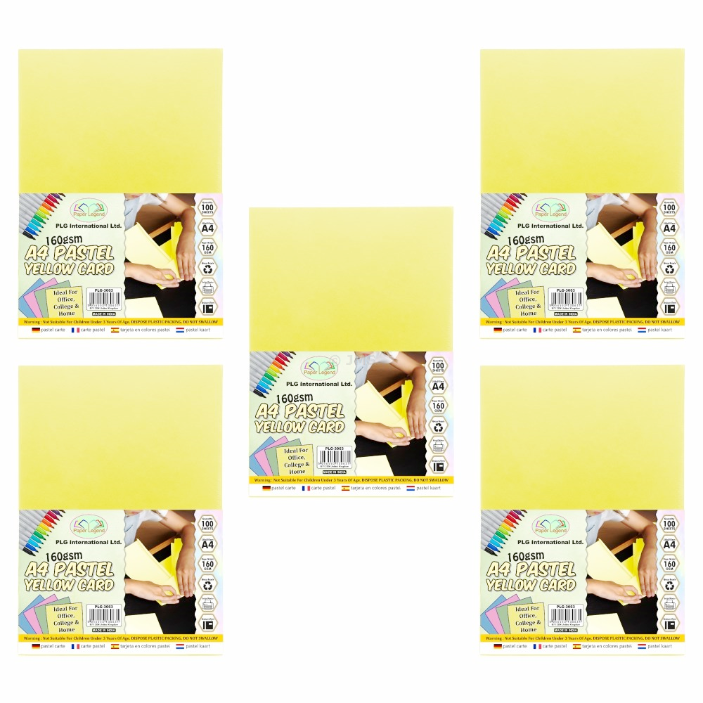 Pack of 5 (500 Sheet Pack) A4 Coloured Card Pastel Yellow Colours Pages Arts and Crafts 160GSM Sheets Easy Cut & Folding Great for Kids Art & Craft, Drawing, Doodling, Painting, Cardmaking & Scrap Booking