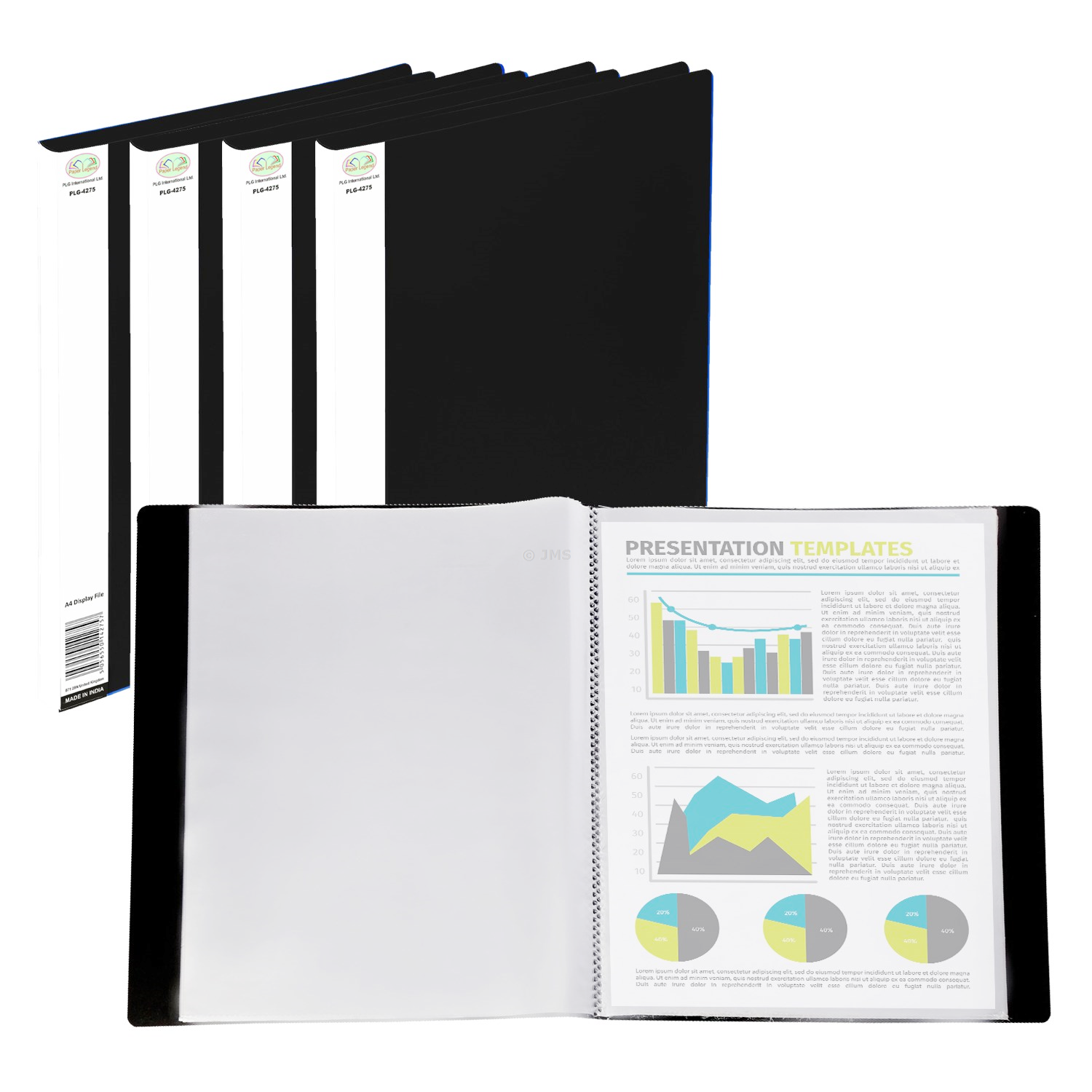 5 Pack A4 Display Folders, 20 Pockets (40 View Page) Display Book Clear Plastic Pockets Solid Polypropylene Portfolio Presentation Book Project Folder Flexible Black Cover for Brochures Reports Certificates