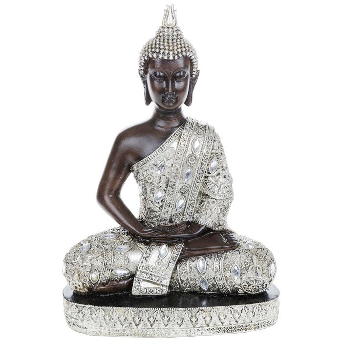 Thai Style Buddha Ornament Sitting Statue Meditating in Stunning Silver Finish (LARGE)
