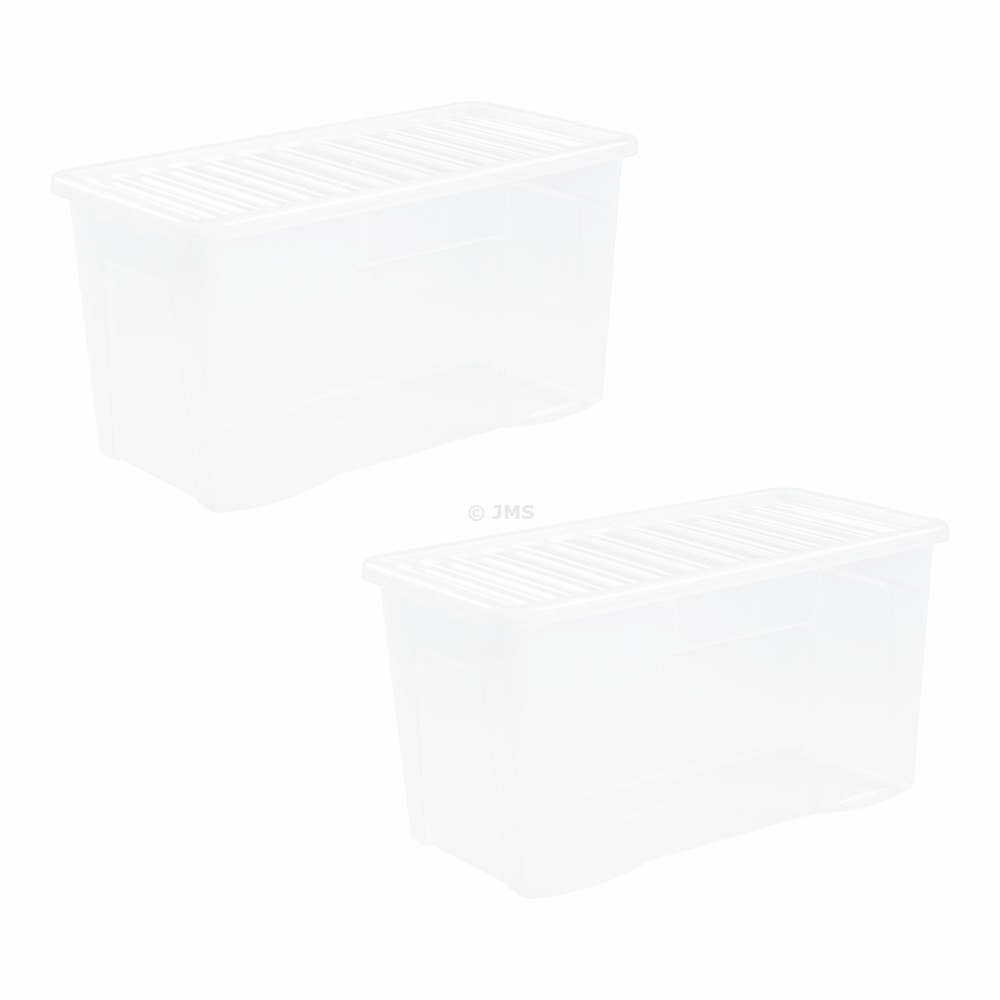 (Set of 2) 110L Litres Crystal Clear Plastic Storage Boxes With Secure Clip on Lid Container Extra Large Box School, Office, Home Transparent Stackable Organizing Containers