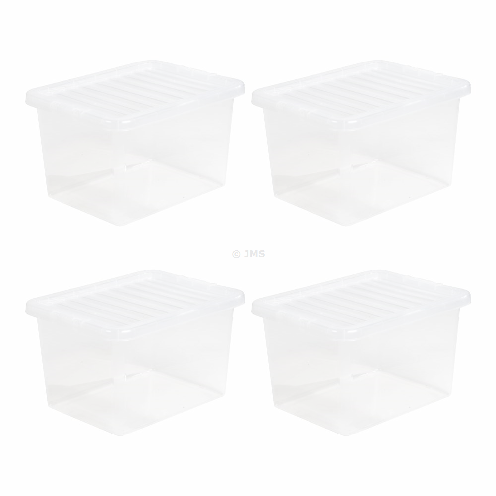 [Set of 4] Plastic Storage Box with Lid 25 Litres Stackable Nestable Clear Container Home Office