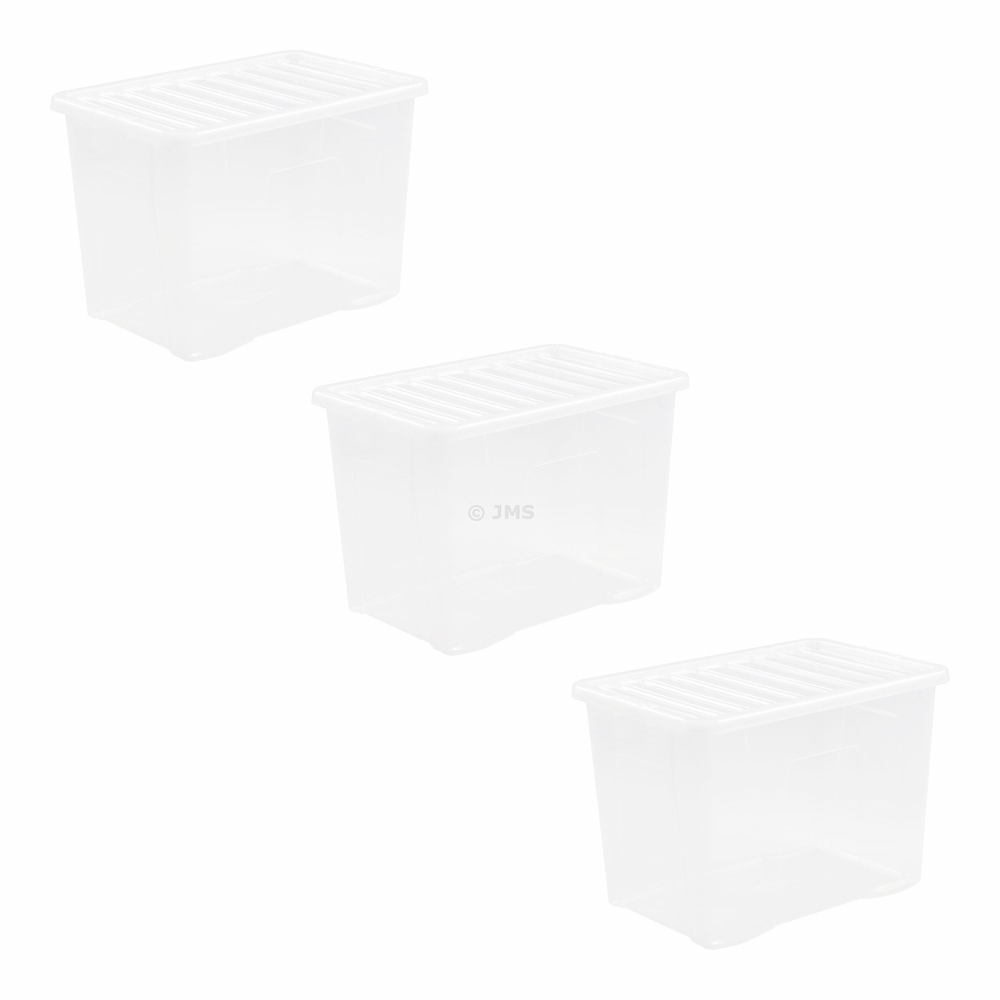 (Set of 3) 80L Litres Storage Boxes With Clip on Lids Crystal Clear Plastic Multipurpose Large Transparent Stackable Containers Box Ideal Living Room Bedroom Shoes Toys Office Home & Kitchen