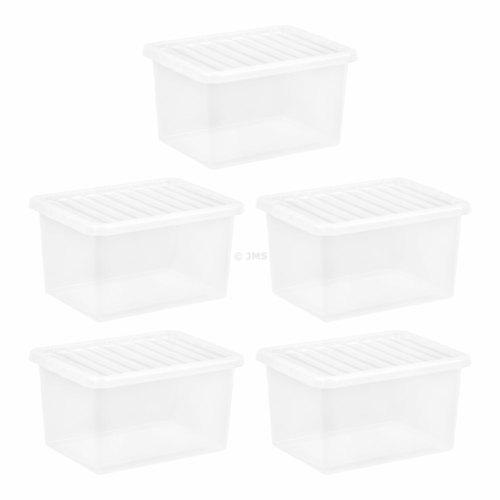 [Set of 5] Plastic Storage Box with Lid 25 Litres Stackable Nestable Clear Container Home Office