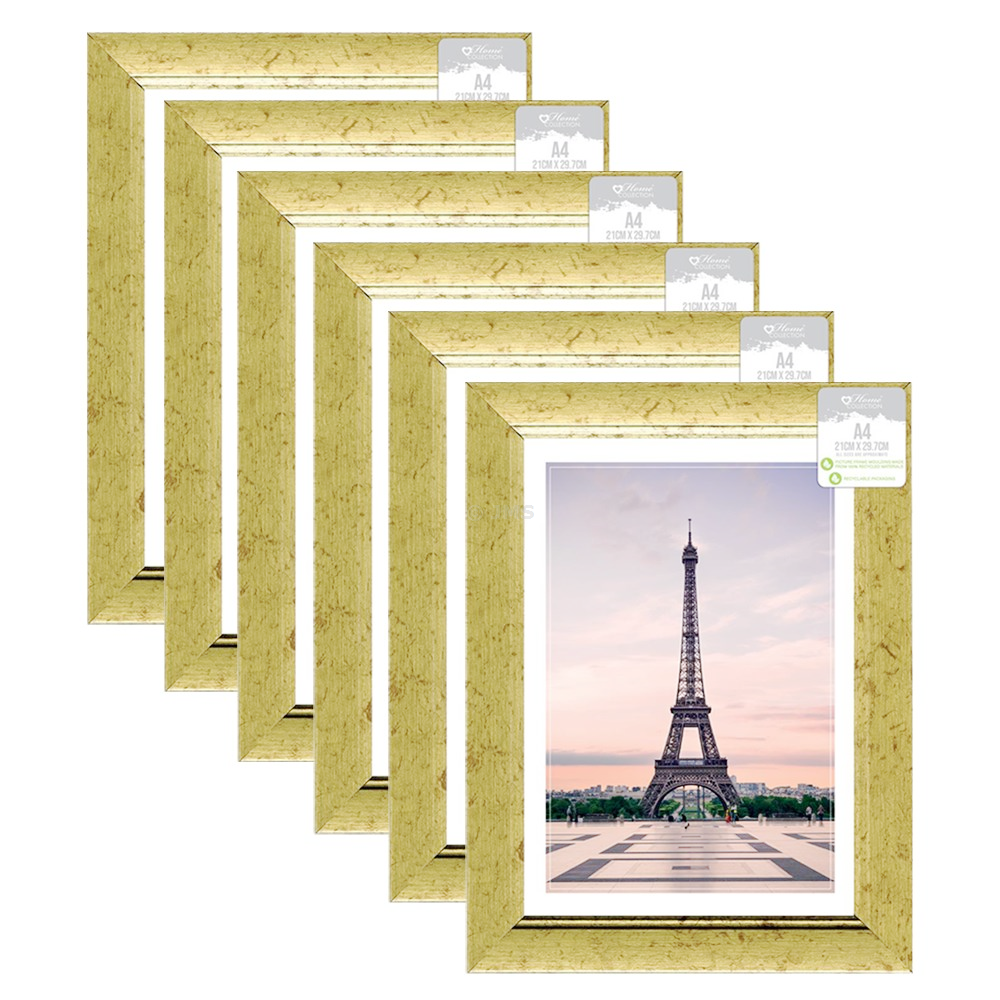 6 x A4 (21 x 29.7cm) Certificate Frames Bedford Glass Gold Photo Picture Frame Wall Mountable Portrait Poster Puzzle Art Print