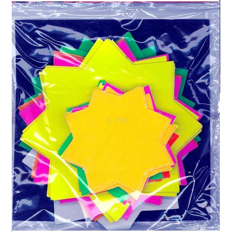 Pack of 60 Fluorescent Stars - Small (7.5cm) Medium (10.2cm) Mix Neon Assorted Colours Retail Display Shop Price Sale Signs