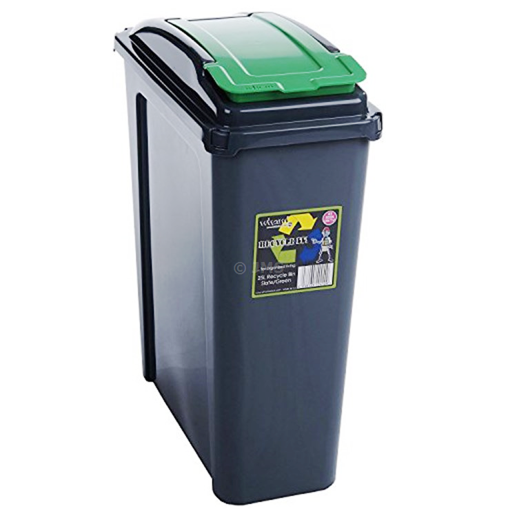 Plastic Recycle It 25L Slimline Bin & Lid Waste Recycling Dustbin Multi-purpose Storage Container Home Kitchen Garden - Graphite Base / Green Lid