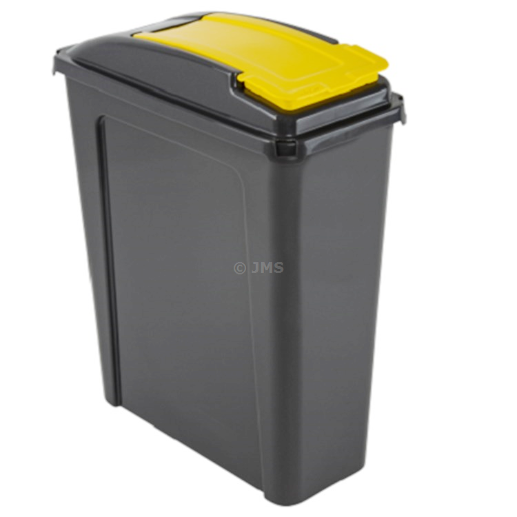Plastic Recycle It 25L Slimline Bin & Lid Waste Recycling Dustbin Multi-purpose Storage Container Home Kitchen Garden - Graphite Base / Yellow Lid