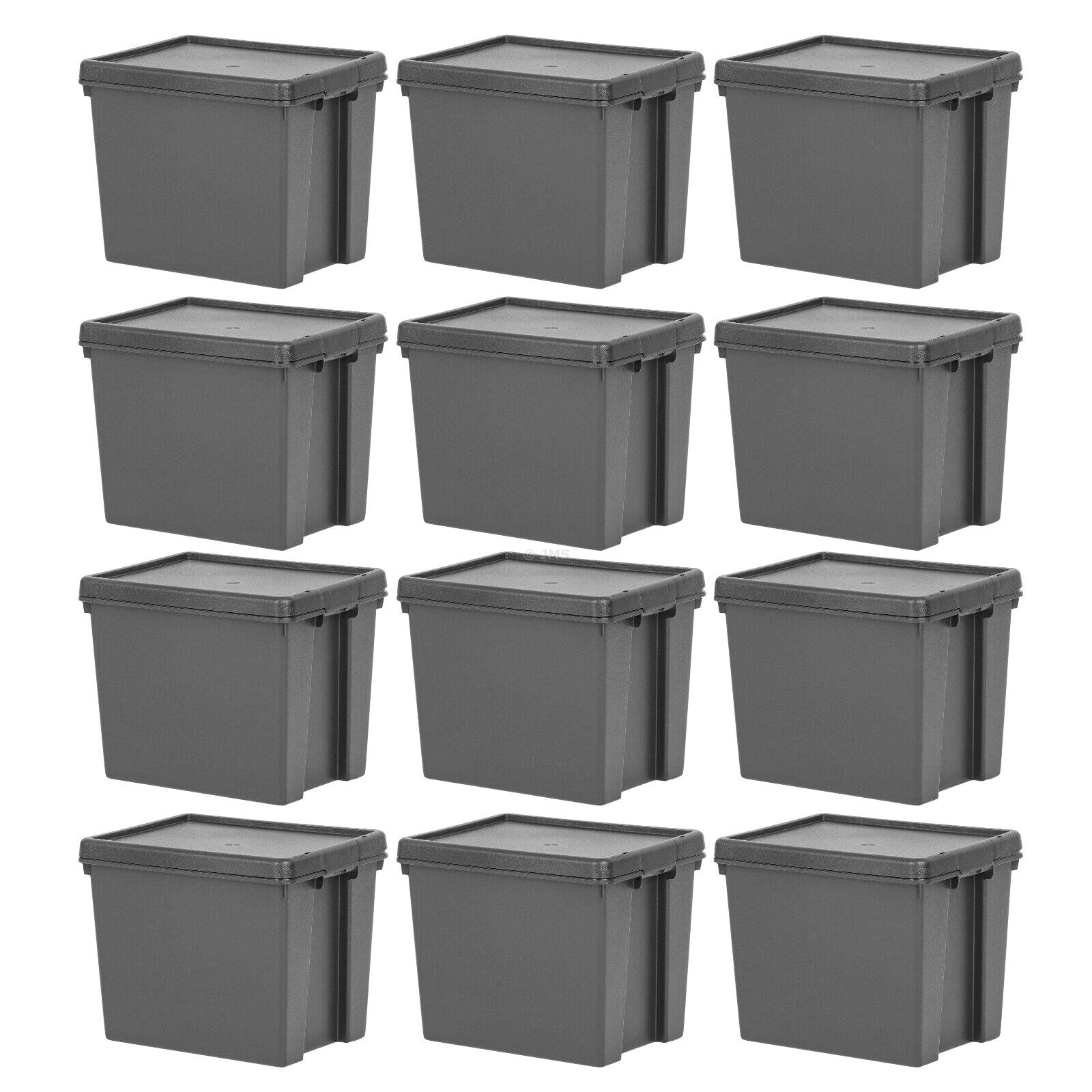 BULK DEAL BOX of 12 - Heavy Duty Black 24L Storage Box with Lid Strong Boxes Stackable Nestable Containers Home Office