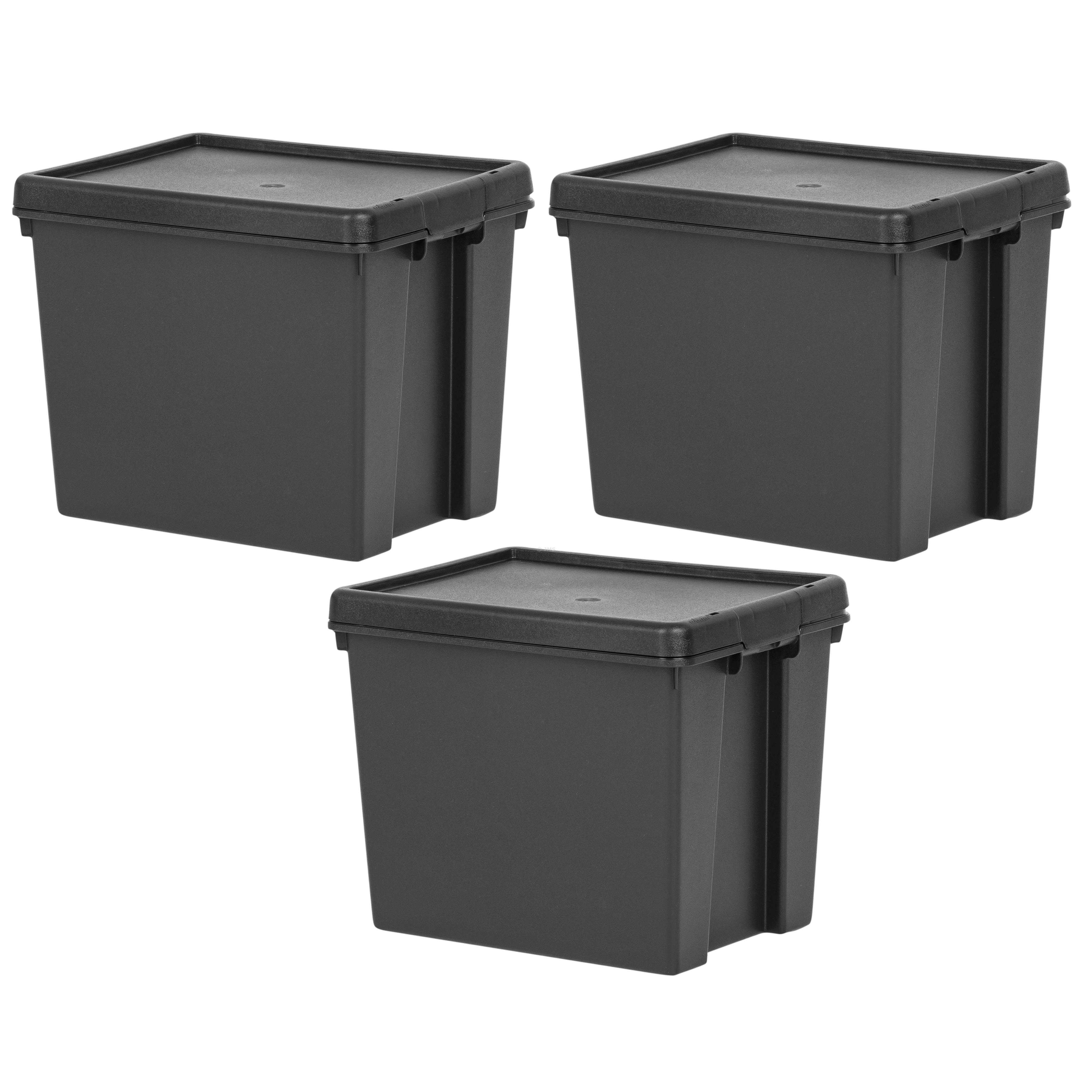 3 x Plastic 24L Black Storage Box with Lid Heavy Duty Recycled Stackable Nestable Containers Home Office Garage Toolbox