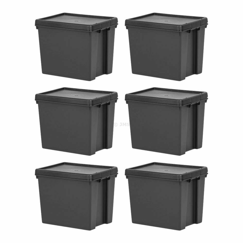 [Set of 6] Black Storage Box with Lid 24L Heavy Duty Stackable Nestable Recycled Plastic Containers Home Office Garage Toolbox