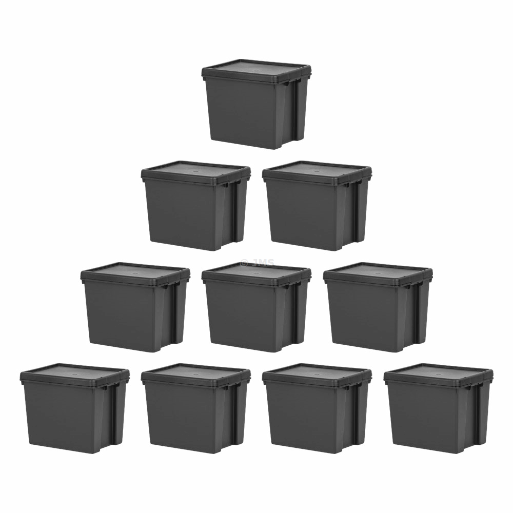 BOX of 10 - Heavy Duty Black 24L Storage Box with Lid Strong Boxes Stackable Nestable Containers Home Office