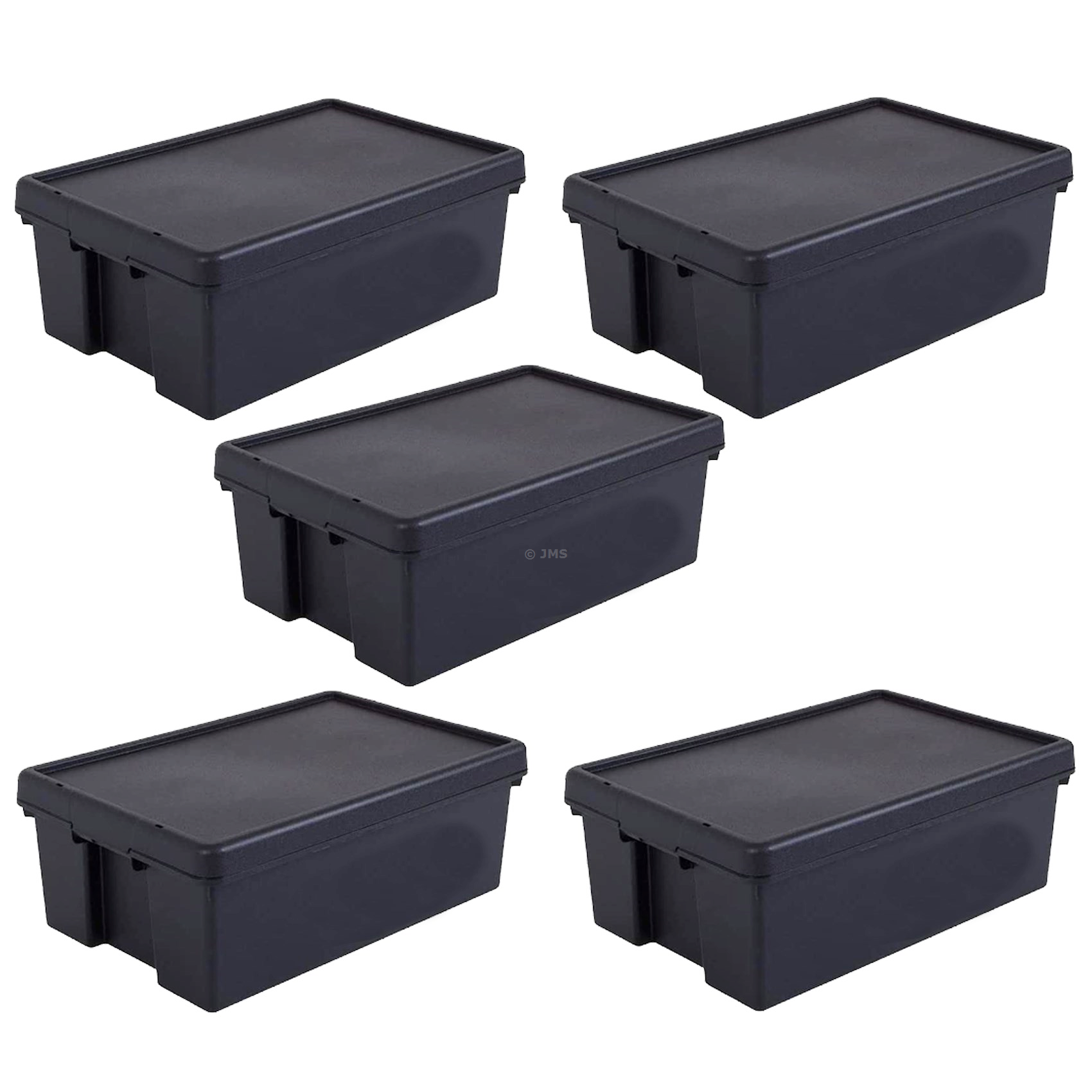 [Set of 5] 36L Black Heavy Duty Storage Box with Lid Recycled Plastic Stackable Nestable Containers Home Office Garage