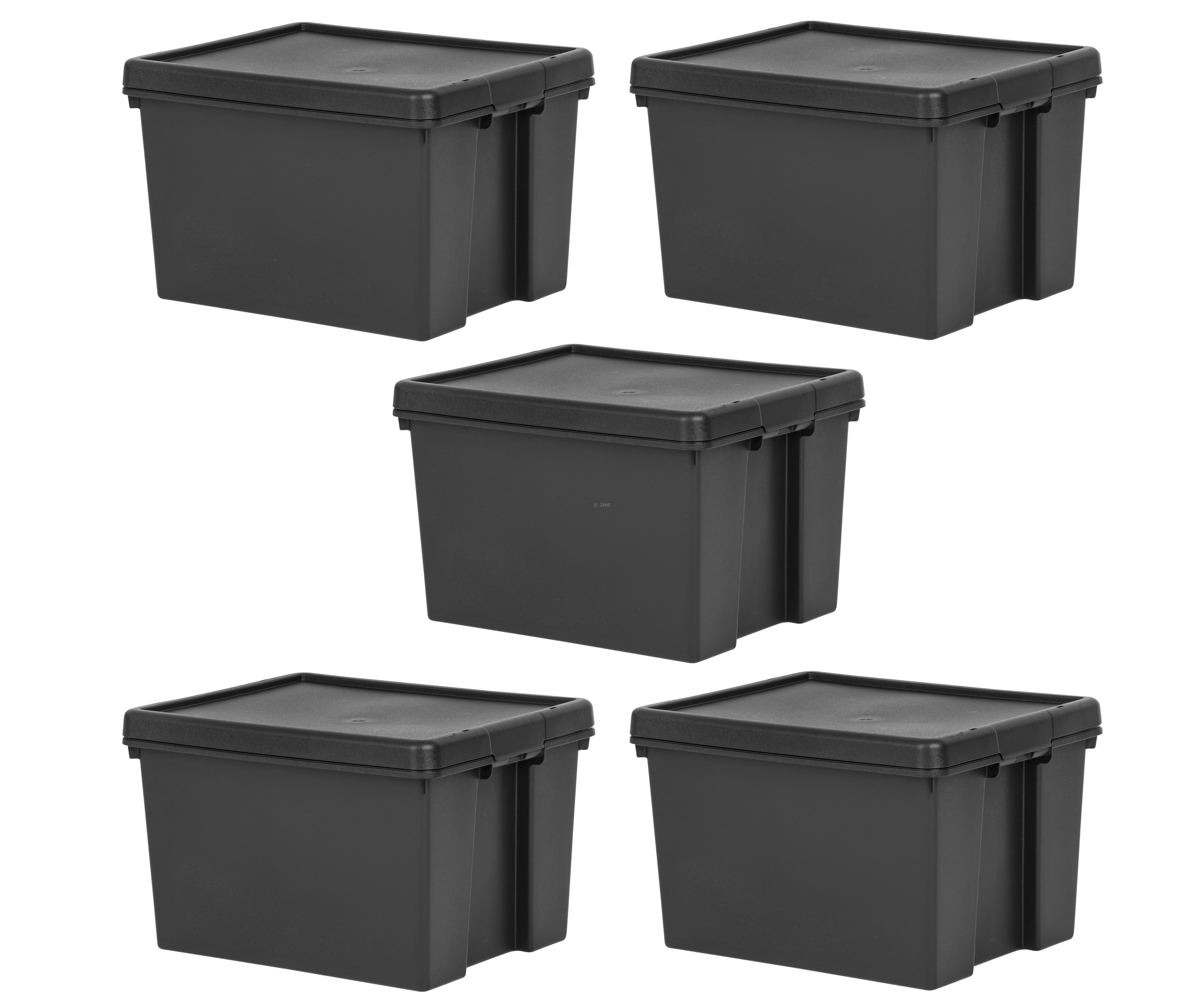 5 x 45L Black Stackable Storage Box with Lid Heavy Duty Recycled Plastic Nestable Containers Home Office Garage Toolbox
