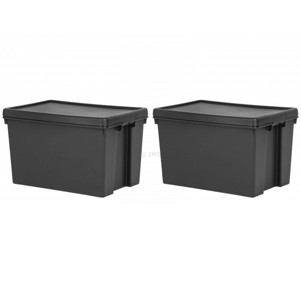 2 x Large 62L Black Storage Box with Lid Heavy Duty Recycled Plastic Stackable Nestable Boxes Home Office Garage Toolbox
