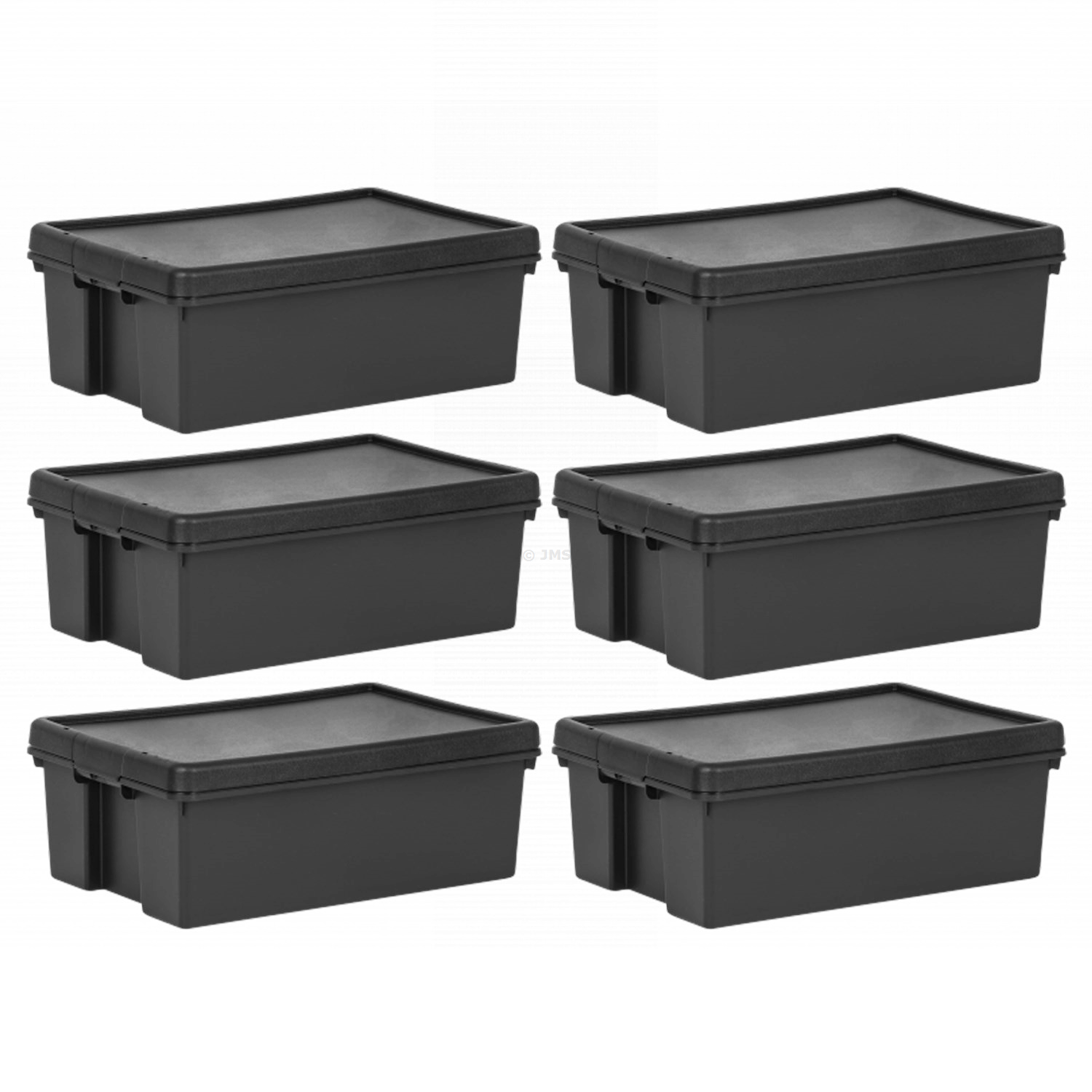 6 x Black Heavy Duty 36L Storage Box with Lid Recycled Plastic Stackable Boxes Nestable Containers Home Office Garage