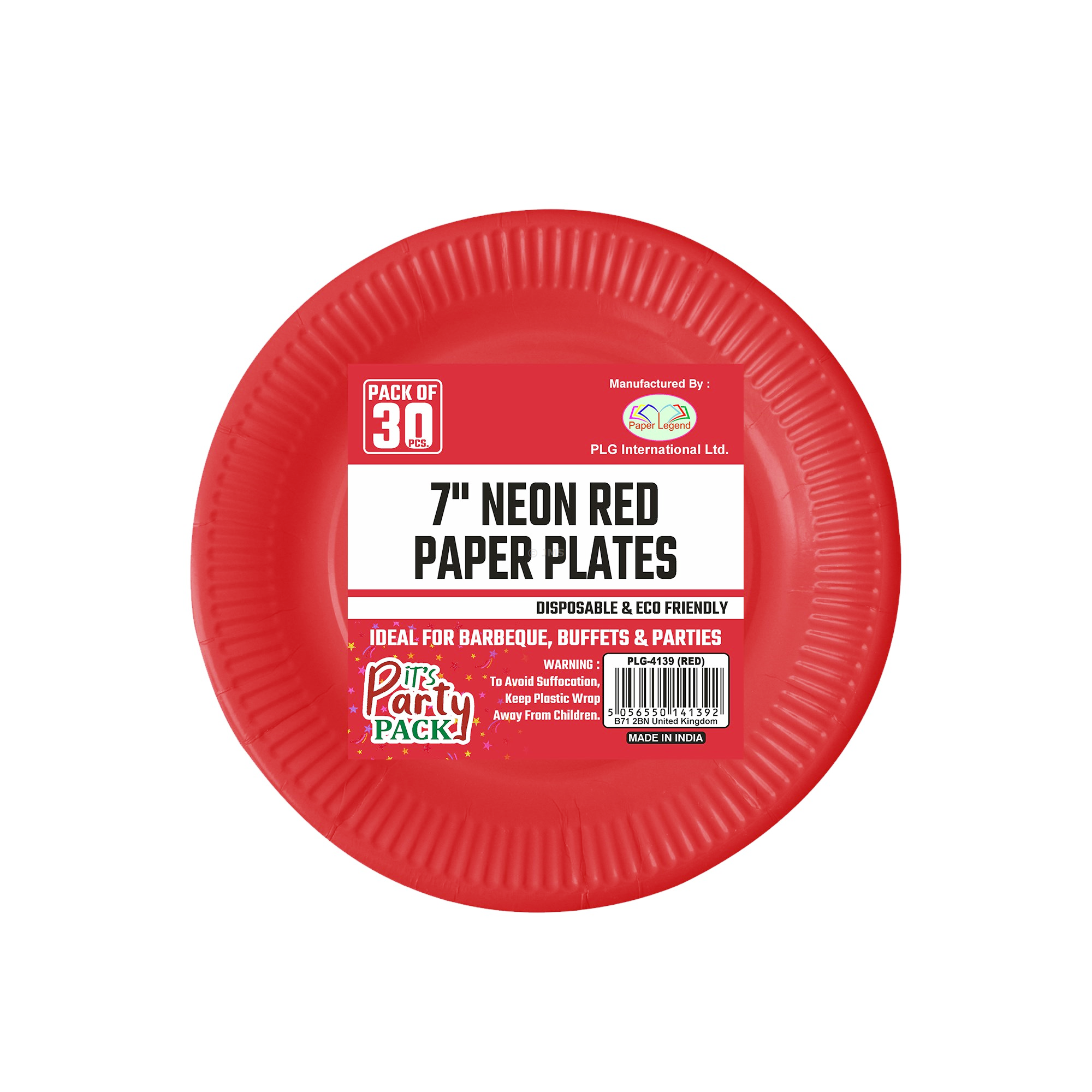 [Box of 900] Neon Red Round Paper Plates 7 inch (18 cm) Disposable Paper Dish for Christmas Birthday Wedding Catering BBQ Buffet Parties