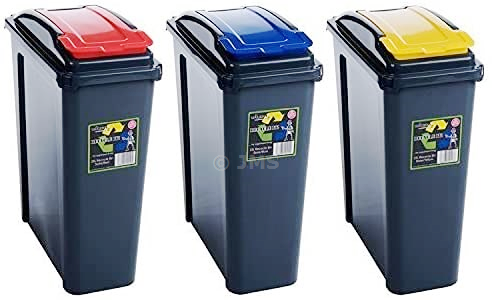 Plastic Recycle It 25L Slimline Bin & Lid Red + Blue + Yellow Waste Recycling Dustbin Multi-purpose Storage Container Home Kitchen Garden