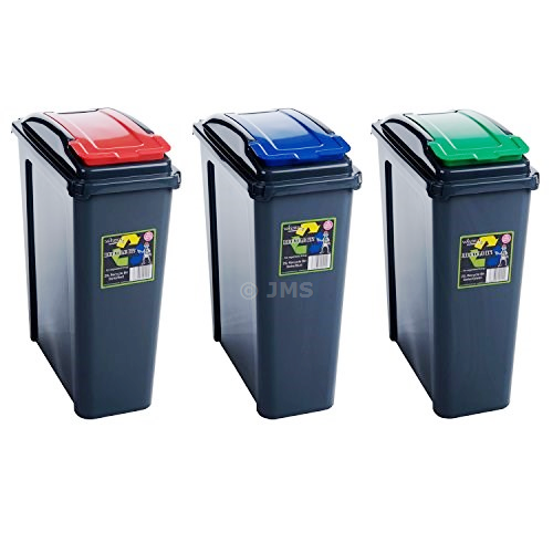 Plastic Recycle It 25L Slimline Bin & Lid Red + Blue + Green Waste Recycling Dustbin Multi-purpose Storage Container Home Kitchen Garden
