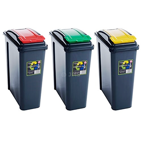 Plastic Recycle It 25L Slimline Bin & Lid Red + Green + Yellow Waste Recycling Dustbin Multi-purpose Storage Container Home Kitchen Garden