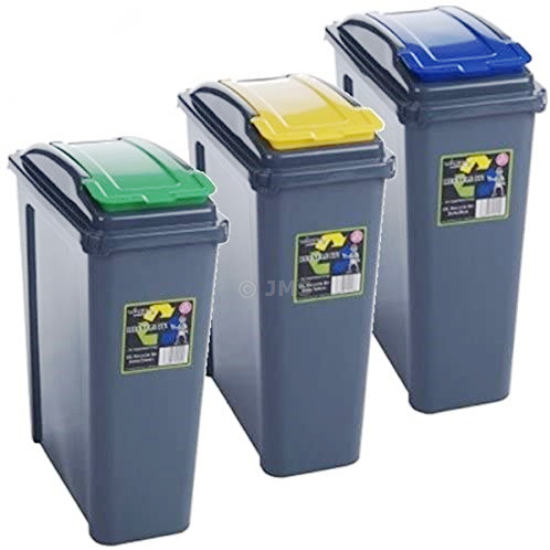 Plastic Recycle It 25L Slimline Bin & Lid Blue + Green + Yellow Waste Recycling Dustbin Multi-purpose Storage Container Home Kitchen Garden